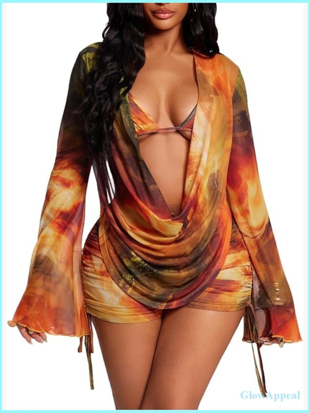 Tie Dye 3 Piece Outfit Draped Mesh Ruched Shorts Set Beach Vacation